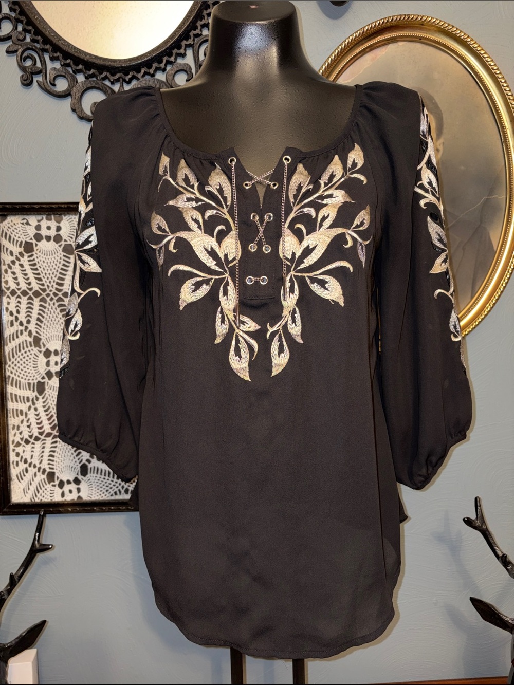 White House Black Market Black Blouse with Metallic Gold Leaf Embroidery